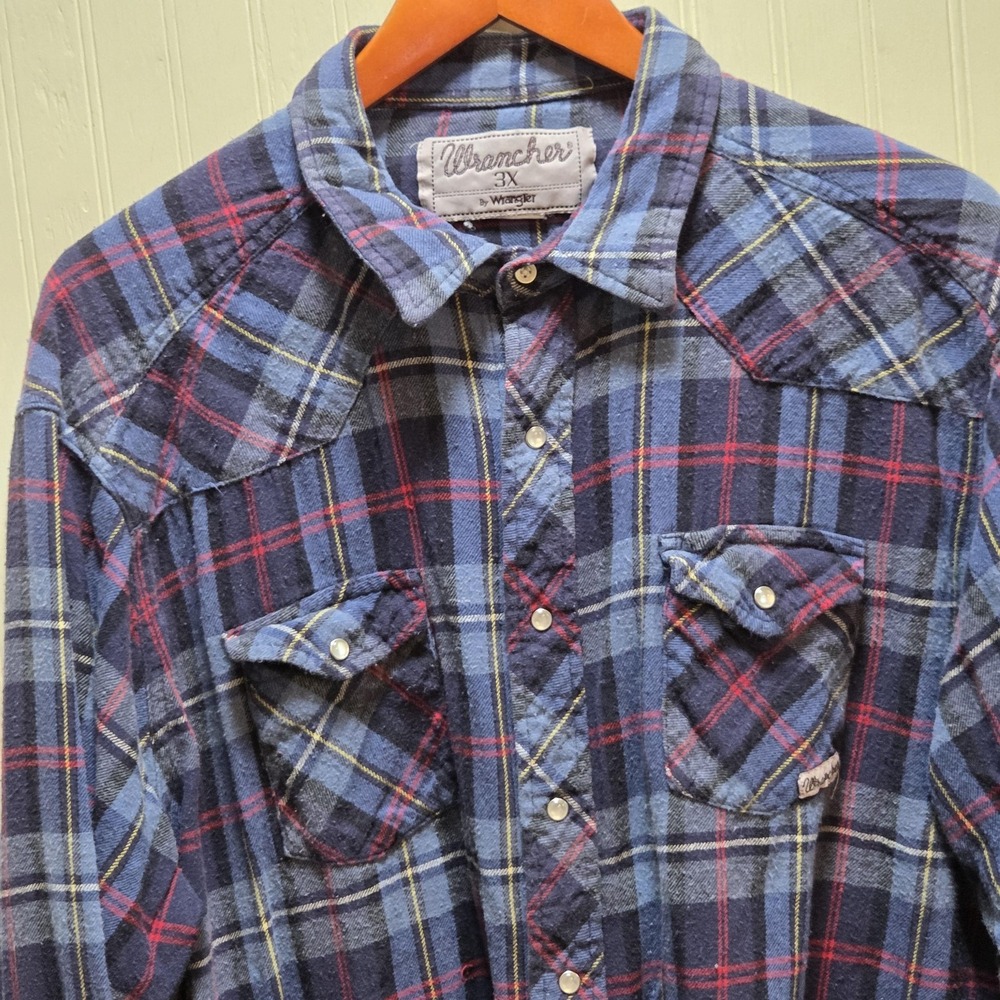 Wrangler Shirt Mens Big 3XL Blue Plaid Long Sleeve Flannel Western Snap Casual